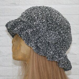 HAND CRAFTED Hat Crochet Bucket Chenille Winter Medium Ruffle Grey Marled